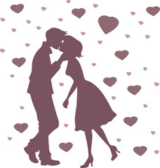 Silhouette of a romantic couple kissing surrounded by floating hearts, Valentine's day love concept, vector illustration.
