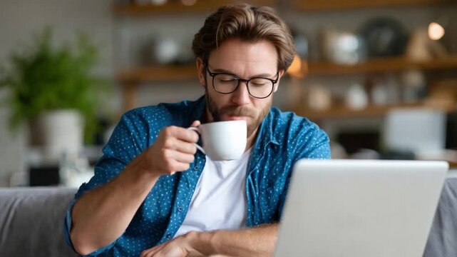 Morning coffee at Work: A focused individual in glasses takes a contemplative sip of coffee, accompanied by his laptop. Reflecting the peaceful start to a productive day.