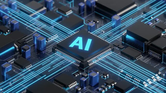 Advanced AI processor chip with glowing blue circuits and data flow, symbolizing artificial intelligence and future technology