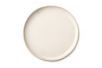 Round white ceramic plate, top view, isolated, serving food, blank, empty, copy space, transparent background