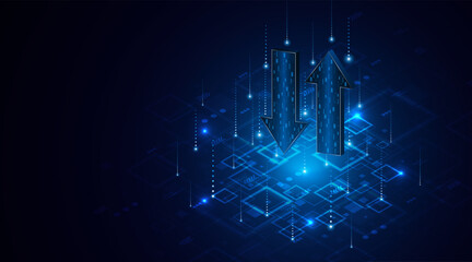Up and down arrows on dark blue background. Concept of data transmission or digital exchange. Business growth or investment concept. Blue arrow technology background.