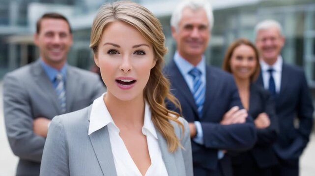 Confident Business Team: A poised and confident businesswoman, stands at the forefront of her diverse and successful team, exuding authority and leadership in a modern office environment. 