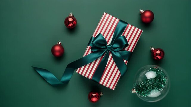 Christmas Gift Wrapped Red White Stripes Teal Ribbon Surrounded By Red Ornaments On Dark Green Background Flat Lay