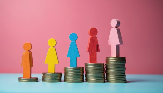 Wooden figures stand on stacks of coins, showing unequal pay gap. Male and female figurines illustrate financial disparity, economic inequality, and career growth differences.