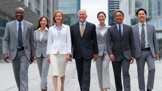 Corporate Stroll: A confident and diverse group of business professionals stride purposefully through a modern cityscape, exuding a sense of leadership, collaboration, and collective ambition.