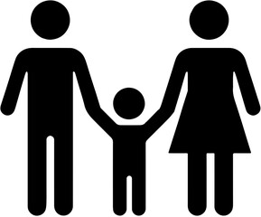 Happy family silhouette with father, mother and child holding hands. Vector icon isolated on white background. Parenthood and unity concept.
