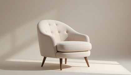 A stylish armchair stands alone in a minimalist room with soft lighting and a neutral color palette