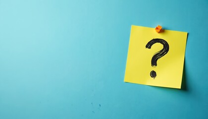 Yellow paper note with question mark symbol drawn in black marker. Simple graphic illustration on bright blue backdrop. Inquiry concept for communication.