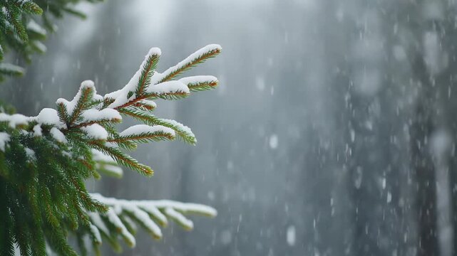 Close Up Of Snow Covered Pine Tree Branch In A Blizzard With Soft Falling Snow And Blurred Forest Background In Winter