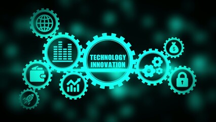 Technology innovation concept with teal gears and on dark background