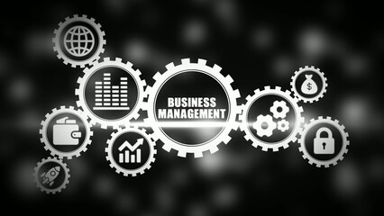 Business management gears on black background white text cogwheels