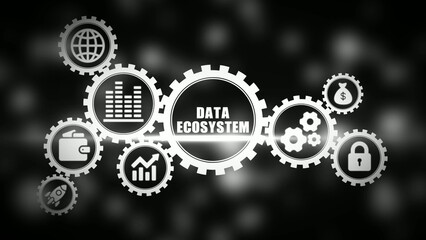 Data ecosystem concept with gears and on black background business finance