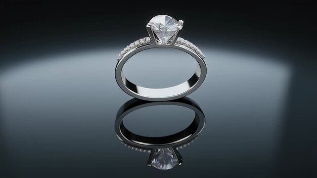 A sparkling diamond solitaire engagement ring with a pav&eacute; band on a reflective dark surface.