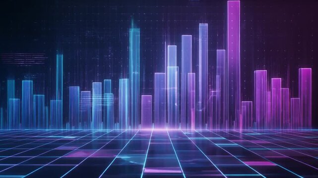 Dynamic digital representation of financial market trends and business growth through abstract data visualization with glowing bar charts on a futuristic grid interface