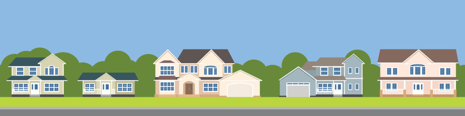 City houses seamless pattern. Horizontal banner, website border. Vector illustration.