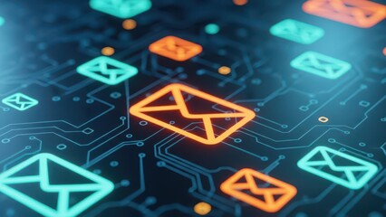Glowing neon orange and cyan email icons on a dark digital circuit board background