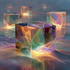  The image depicts several transparent, cube-shaped objects floating in a body of water.  Each cube appears to contain vibrant, swirling colors resembling nebulae or cosmic energy within a glass-like 