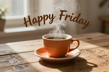 Warm steaming cup of coffee on a wooden table welcoming a relaxed Friday morning
