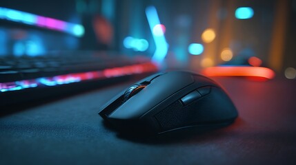Wireless gaming mouse on a textured desk pad with illuminated keyboard in the background and neon accents with selective focus lighting.