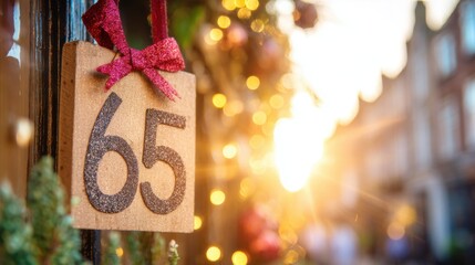 Sign with number sixty-five hangs on shop window during sunset hour