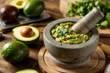 Fresh Guacamole in Stone Mortar with Avocados and Cilantro molcajete