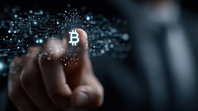 Man reaches out to interact with digital security icons in a technology-focused environment at an unspecified time - Powered by Adobe