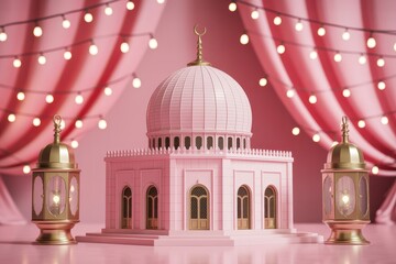 Pink mosque model with gold lanterns and string lights Islamic architecture Ramadan