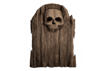 Gravestone with skull carving for halloween concepts, death, mortality, and scary designs on transparent background