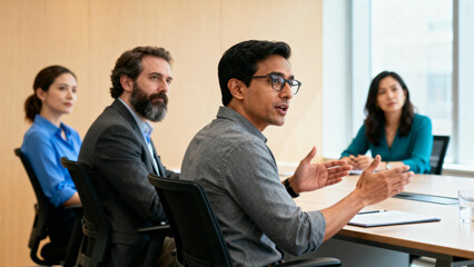 A group of professionals engaged in a meeting, with one man speaking and gesturing at a conference table.
