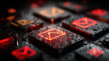 Illuminated keyboard keys with red symbols showing email and alert icons in a dark setting during night time