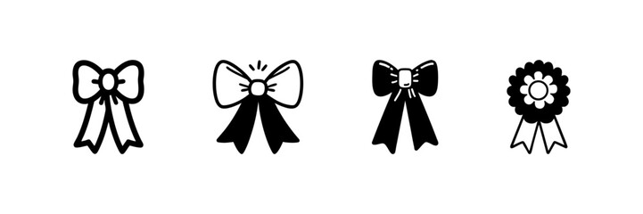 Obraz premium Decorative Bow And Rosette Icons In Hand Drawn Style Set. Gift Wrapping, Celebration, Award Recognition Doodle Sketch Collection. Festive Decoration Elements. Isolated Vector Illustration
