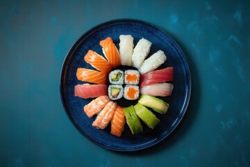 Assortment of sushi and sashimi arranged on a dark blue plate salmon tuna avocado