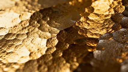 Close-up of textured golden surface with hexagonal patterns and reflective highlights