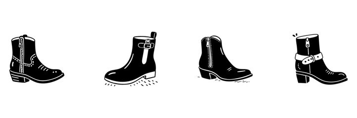 Various Boot Styles In Hand Drawn Style Set. Fashion Footwear, Ankle Boots, And Trendy Shoe Designs Doodle Sketch Collection. Stylish Apparel Illustration. Isolated Vector Illustration
