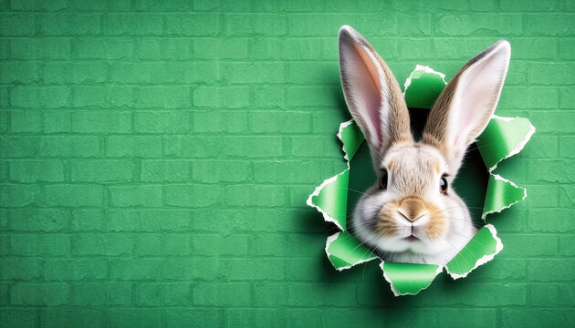 A funny rabbit peeks out of a hole in the wall.