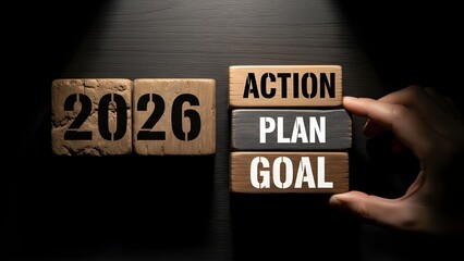 Strategic Planning for 2026 Hand Arranging Wooden Blocks with Action, Plan, and Goal, Illuminating Future Vision and Business Success