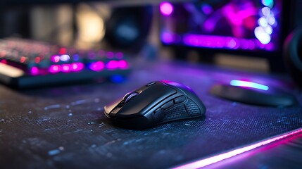 Wireless gaming mouse on a textured desk pad with illuminated keyboard in the background and neon accents with selective focus lighting.