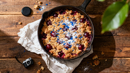 Cherry crumble dessert in cast iron skillet with powdered sugar and blue sprinkles on wooden table