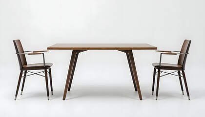 Fototapeta premium Modern wooden table with two chairs viewed from the front in a minimalist white environment