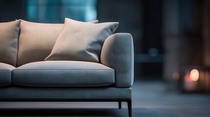 Soft contemporary sofa with plush cushions in moody modern living space