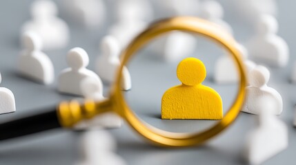 Yellow human icon inside of magnifier glass among white icons for customer focus and customer relation management or CRM concept.