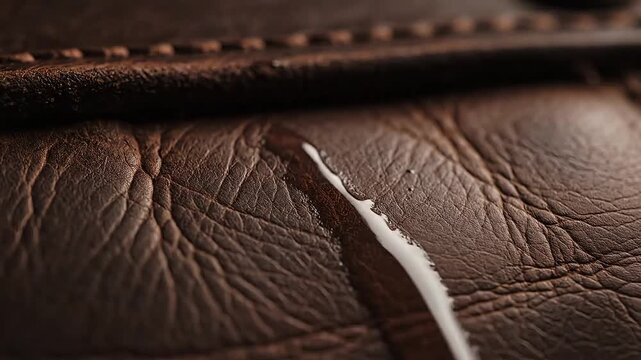 Extreme close-up of torn brown leather texture with stitching details