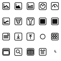 Account analytics & metrics (charts, KPIs, funnels, cohorts, reports) UI icon set - rounded outline SVG sheet (20 icons)