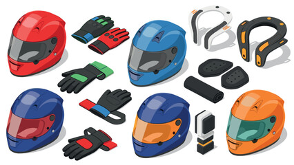 Motorcycle gear collection: helmets, gloves, armor in modern isometric design