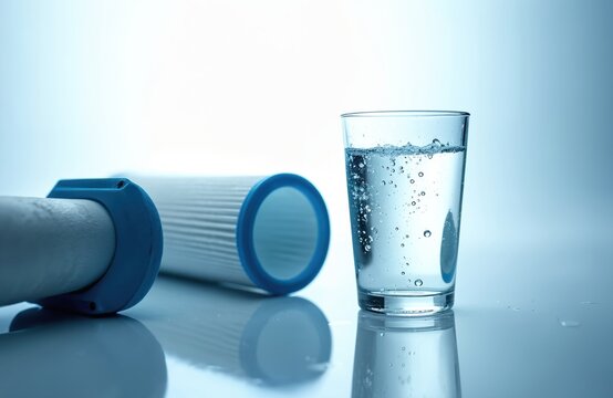 Water purification filters next to glass of clear water with bubbles. Clean H2O for healthy life. Home appliance for pure drinking water treatment.