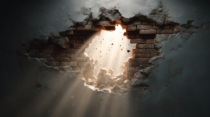 light breaking through cracked wall, hole in brick wall with sunlight, broken wall revealing hope
