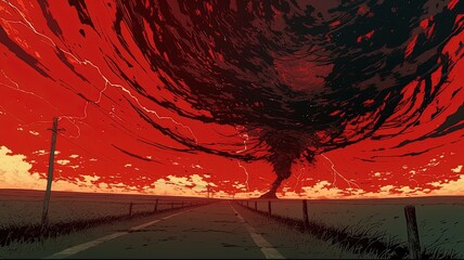 A massive, dark tornado dominates the center of the frame, swirling against a fiery red sky