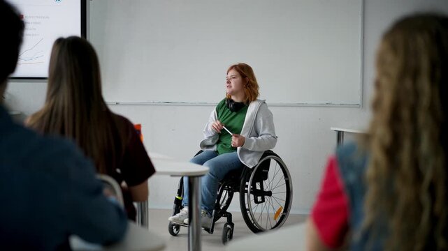 Disabled teen girl presenting AI learning project in classroom.