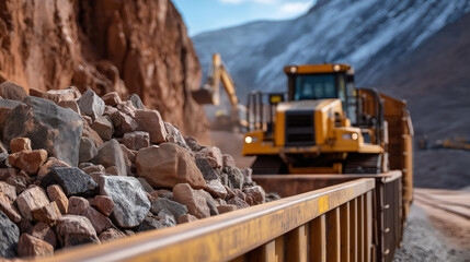 Fototapeta premium A freight train loading rare-earth minerals at a remote mining site, excavators and conveyors pouring raw material into open railcars — resource supply chain, industrial extraction, and rugged
