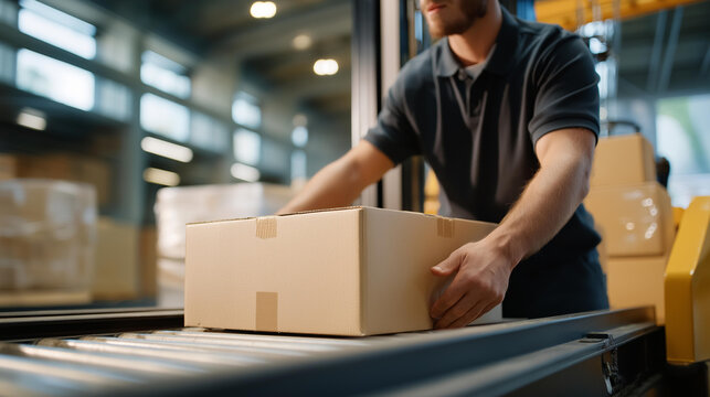 A warehouse worker organizing heavy packages on a hydraulic scissor table, raising boxes to waist level to reduce strain and increase workflow efficiency. cinematic color correction, natural uneven
